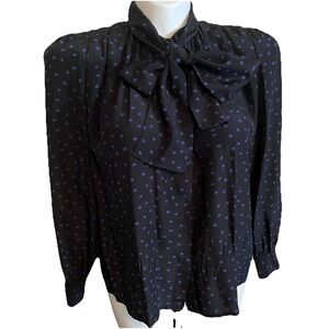 VTG 80's Polk A Dot Silk Blouse Women's 12 Neck Bow Poetcore Romantic Feminine